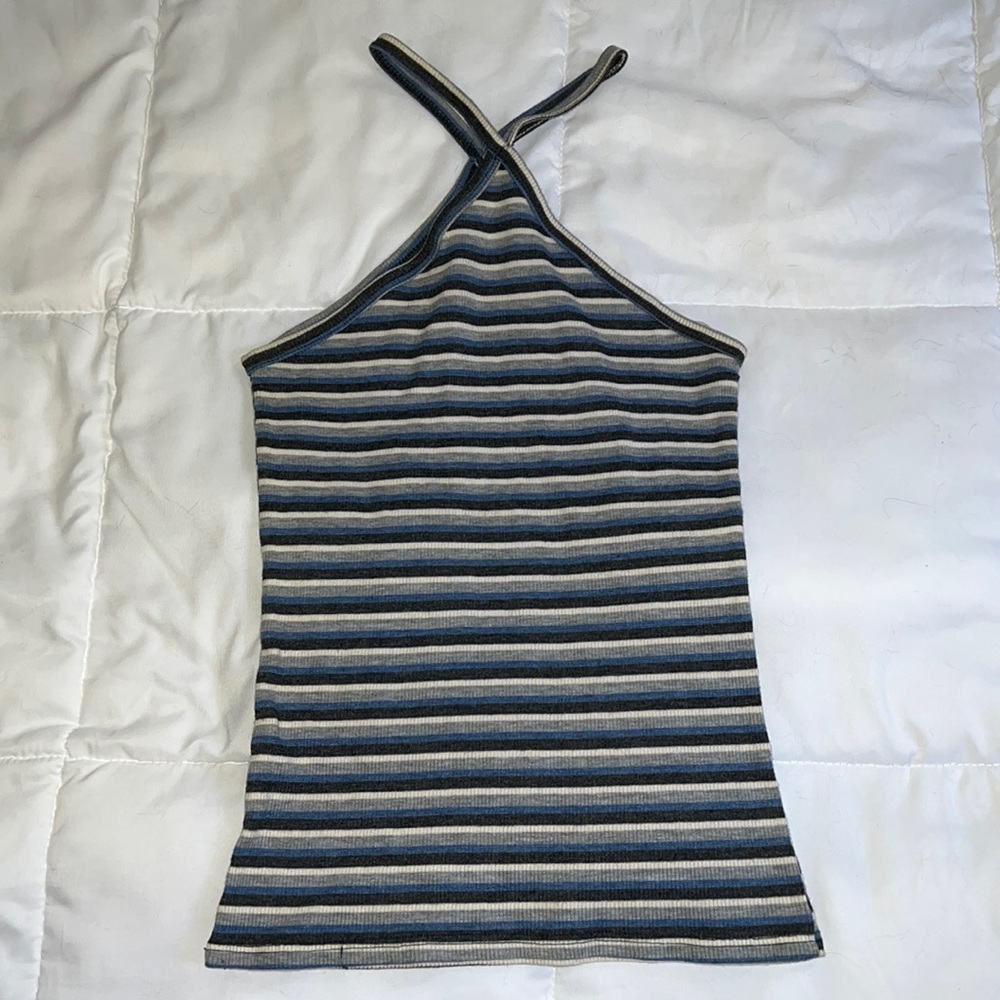 striped shirt , asymmetrical spaghetti straps